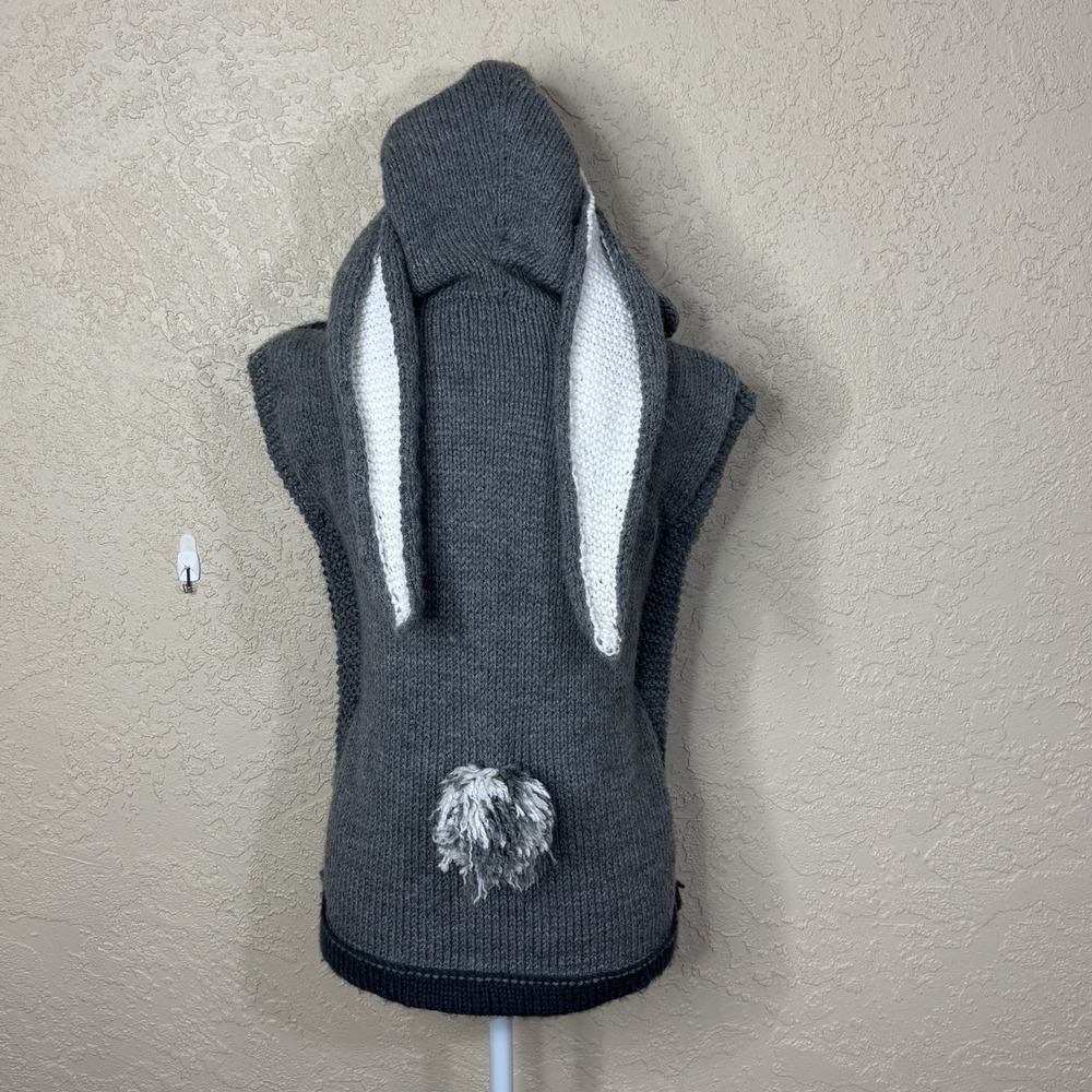 Unisex Hand-knit Wool Hooded Sweater Vest Bunny Ears & Tail Gray Furry Costume